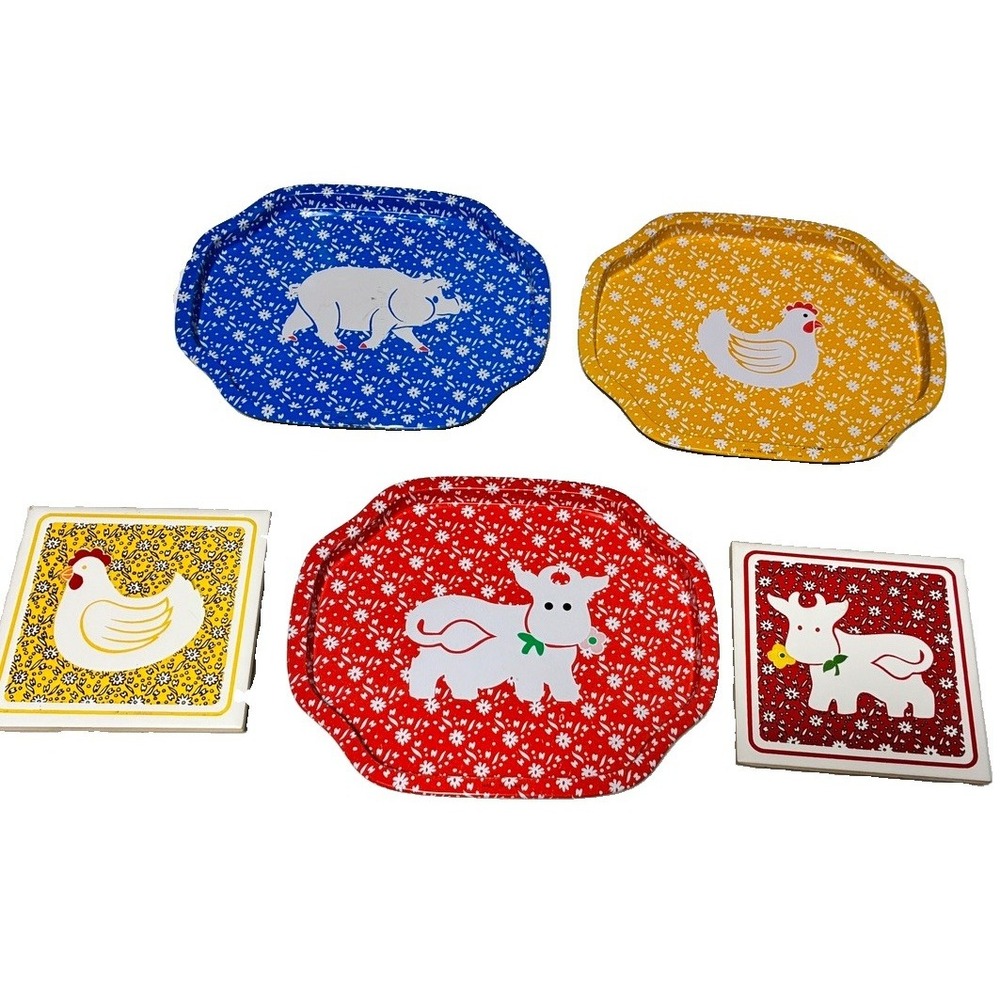 Lot of 3 VTG JSNY Country Calico Metal Trays - Cow, Chicken and Pig & 2 Trivets